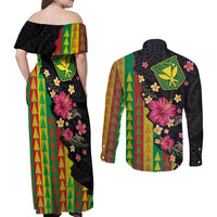 Hawaiian Independence Day Couples Matching Off Shoulder Maxi Dress and Long Sleeve Button Shirt Kanaka Maoli Symbols With Tapa Motifs and Tropical Plants - Polynesian Pride