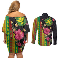 Hawaiian Independence Day Couples Matching Off Shoulder Short Dress and Long Sleeve Button Shirt Kanaka Maoli Symbols With Tapa Motifs and Tropical Plants - Polynesian Pride