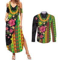 Hawaiian Independence Day Couples Matching Summer Maxi Dress and Long Sleeve Button Shirt Kanaka Maoli Symbols With Tapa Motifs and Tropical Plants - Polynesian Pride