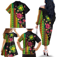 Hawaiian Independence Day Family Matching Off The Shoulder Long Sleeve Dress and Hawaiian Shirt Kanaka Maoli Symbols With Tapa Motifs and Tropical Plants - Polynesian Pride