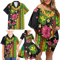 Hawaiian Independence Day Family Matching Off Shoulder Short Dress and Hawaiian Shirt Kanaka Maoli Symbols With Tapa Motifs and Tropical Plants - Polynesian Pride