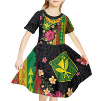 Hawaiian Independence Day Kid Short Sleeve Dress Kanaka Maoli Symbols With Tapa Motifs and Tropical Plants - Polynesian Pride
