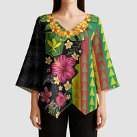 Hawaiian Independence Day Kimono Sleeve Blouse Kanaka Maoli Symbols With Tapa Motifs and Tropical Plants - Polynesian Pride