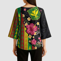 Hawaiian Independence Day Kimono Sleeve Blouse Kanaka Maoli Symbols With Tapa Motifs and Tropical Plants - Polynesian Pride