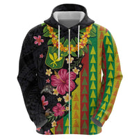 Hawaiian Independence Day Zip Hoodie Kanaka Maoli Symbols With Tapa Motifs and Tropical Plants - Polynesian Pride