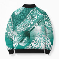 Personalised New Zealand Aotearoa Darts Masters Bomber Puffer Jacket Maori Art Tattoo with Tribal Dart Symbol Teal Color - Polynesian Pride