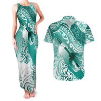 Personalised New Zealand Aotearoa Darts Masters Couples Matching Tank Maxi Dress and Hawaiian Shirt Maori Art Tattoo with Tribal Dart Symbol Teal Color - Polynesian Pride