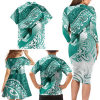 Personalised New Zealand Aotearoa Darts Masters Family Matching Long Sleeve Bodycon Dress and Hawaiian Shirt Maori Art Tattoo with Tribal Dart Symbol Teal Color - Polynesian Pride