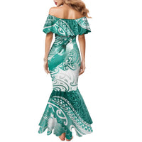 Personalised New Zealand Aotearoa Darts Masters Family Matching Mermaid Dress and Hawaiian Shirt Maori Art Tattoo with Tribal Dart Symbol Teal Color - Polynesian Pride