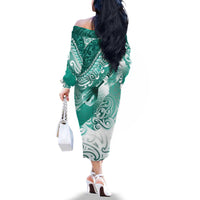 Personalised New Zealand Aotearoa Darts Masters Family Matching Off The Shoulder Long Sleeve Dress and Hawaiian Shirt Maori Art Tattoo with Tribal Dart Symbol Teal Color - Polynesian Pride