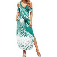 Personalised New Zealand Aotearoa Darts Masters Family Matching Summer Maxi Dress and Hawaiian Shirt Maori Art Tattoo with Tribal Dart Symbol Teal Color - Polynesian Pride