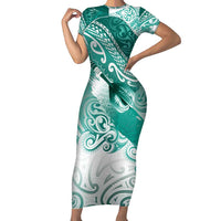 Personalised New Zealand Aotearoa Darts Masters Short Sleeve Bodycon Dress Maori Art Tattoo with Tribal Dart Symbol Teal Color - Polynesian Pride