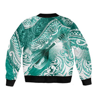 Personalised New Zealand Aotearoa Darts Masters Sleeve Zip Bomber Jacket Maori Art Tattoo with Tribal Dart Symbol Teal Color - Polynesian Pride