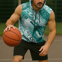 Personalised New Zealand Aotearoa Darts Masters Sleeveless Zip Hoodie Maori Art Tattoo with Tribal Dart Symbol Teal Color - Polynesian Pride