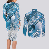 Personalised New Zealand Aotearoa Darts Masters Couples Matching Long Sleeve Bodycon Dress and Long Sleeve Button Shirt Maori Art Tattoo with Tribal Dart Symbol Blue - Polynesian Pride