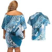 Personalised New Zealand Aotearoa Darts Masters Couples Matching Off Shoulder Short Dress and Hawaiian Shirt Maori Art Tattoo with Tribal Dart Symbol Blue - Polynesian Pride