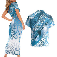Personalised New Zealand Aotearoa Darts Masters Couples Matching Short Sleeve Bodycon Dress and Hawaiian Shirt Maori Art Tattoo with Tribal Dart Symbol Blue - Polynesian Pride