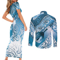 Personalised New Zealand Aotearoa Darts Masters Couples Matching Short Sleeve Bodycon Dress and Long Sleeve Button Shirt Maori Art Tattoo with Tribal Dart Symbol Blue - Polynesian Pride