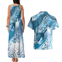Personalised New Zealand Aotearoa Darts Masters Couples Matching Tank Maxi Dress and Hawaiian Shirt Maori Art Tattoo with Tribal Dart Symbol Blue - Polynesian Pride