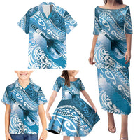Personalised New Zealand Aotearoa Darts Masters Family Matching Puletasi and Hawaiian Shirt Maori Art Tattoo with Tribal Dart Symbol Blue - Polynesian Pride