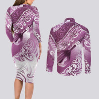 Personalised New Zealand Aotearoa Darts Masters Couples Matching Long Sleeve Bodycon Dress and Long Sleeve Button Shirt Maori Art Tattoo with Tribal Dart Symbol Pink - Polynesian Pride