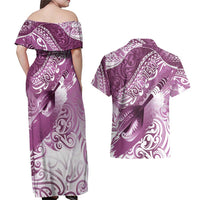 Personalised New Zealand Aotearoa Darts Masters Couples Matching Off Shoulder Maxi Dress and Hawaiian Shirt Maori Art Tattoo with Tribal Dart Symbol Pink - Polynesian Pride