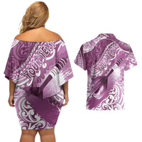 Personalised New Zealand Aotearoa Darts Masters Couples Matching Off Shoulder Short Dress and Hawaiian Shirt Maori Art Tattoo with Tribal Dart Symbol Pink - Polynesian Pride