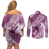 Personalised New Zealand Aotearoa Darts Masters Couples Matching Off Shoulder Short Dress and Long Sleeve Button Shirt Maori Art Tattoo with Tribal Dart Symbol Pink - Polynesian Pride
