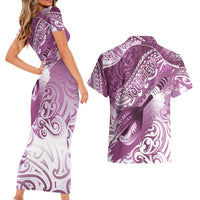 Personalised New Zealand Aotearoa Darts Masters Couples Matching Short Sleeve Bodycon Dress and Hawaiian Shirt Maori Art Tattoo with Tribal Dart Symbol Pink - Polynesian Pride