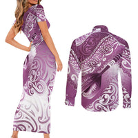 Personalised New Zealand Aotearoa Darts Masters Couples Matching Short Sleeve Bodycon Dress and Long Sleeve Button Shirt Maori Art Tattoo with Tribal Dart Symbol Pink - Polynesian Pride