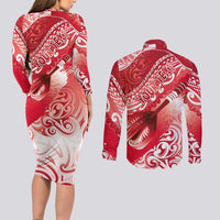 Personalised New Zealand Aotearoa Darts Masters Couples Matching Long Sleeve Bodycon Dress and Long Sleeve Button Shirt Maori Art Tattoo with Tribal Dart Symbol Red - Polynesian Pride