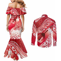 Personalised New Zealand Aotearoa Darts Masters Couples Matching Mermaid Dress and Long Sleeve Button Shirt Maori Art Tattoo with Tribal Dart Symbol Red - Polynesian Pride