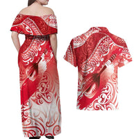 Personalised New Zealand Aotearoa Darts Masters Couples Matching Off Shoulder Maxi Dress and Hawaiian Shirt Maori Art Tattoo with Tribal Dart Symbol Red - Polynesian Pride