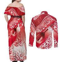 Personalised New Zealand Aotearoa Darts Masters Couples Matching Off Shoulder Maxi Dress and Long Sleeve Button Shirt Maori Art Tattoo with Tribal Dart Symbol Red - Polynesian Pride