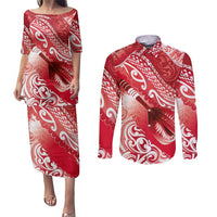 Personalised New Zealand Aotearoa Darts Masters Couples Matching Puletasi and Long Sleeve Button Shirt Maori Art Tattoo with Tribal Dart Symbol Red - Polynesian Pride