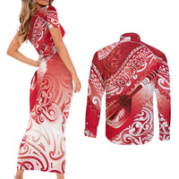 Personalised New Zealand Aotearoa Darts Masters Couples Matching Short Sleeve Bodycon Dress and Long Sleeve Button Shirt Maori Art Tattoo with Tribal Dart Symbol Red - Polynesian Pride