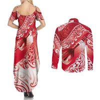 Personalised New Zealand Aotearoa Darts Masters Couples Matching Summer Maxi Dress and Long Sleeve Button Shirt Maori Art Tattoo with Tribal Dart Symbol Red - Polynesian Pride
