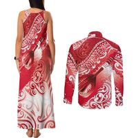 Personalised New Zealand Aotearoa Darts Masters Couples Matching Tank Maxi Dress and Long Sleeve Button Shirt Maori Art Tattoo with Tribal Dart Symbol Red - Polynesian Pride