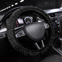 New Zealand World Cup 2023 Steering Wheel Cover Aotearoa Champion Rugby with Silver Fern Maori Ethnic Pattern LT03 Universal Fit Black - Polynesian Pride
