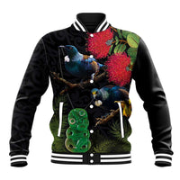 New Zealand Tui Baseball Jacket Guardians of the Hei Tiki - Maori Art and Plants