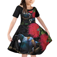 New Zealand Tui Family Matching Off Shoulder Short Dress and Hawaiian Shirt Guardians of the Hei Tiki - Maori Art and Plants