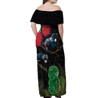 New Zealand Tui Off Shoulder Maxi Dress Guardians of the Hei Tiki - Maori Art and Plants