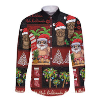 Hawaiian Christmas Long Sleeve Button Shirt - Mele Kalikimaka Island Holiday Vibes - Black Red LT03 Unisex Black - Red - Polynesian Pride