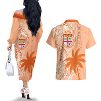 Bula Fiji Couples Matching Off The Shoulder Long Sleeve Dress and Hawaiian Shirt Tropical Flower and Tapa Pattern Peach Fuzz Color LT03 - Polynesian Pride