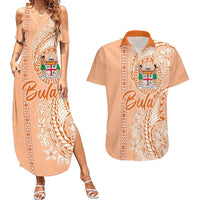 Bula Fiji Couples Matching Summer Maxi Dress and Hawaiian Shirt Tropical Flower and Tapa Pattern Peach Fuzz Color LT03 Peach Fuzz - Polynesian Pride