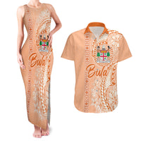 Bula Fiji Couples Matching Tank Maxi Dress and Hawaiian Shirt Tropical Flower and Tapa Pattern Peach Fuzz Color LT03 Peach Fuzz - Polynesian Pride