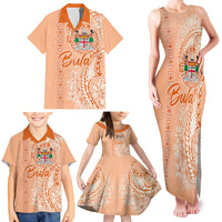 Bula Fiji Family Matching Tank Maxi Dress and Hawaiian Shirt Tropical Flower and Tapa Pattern Peach Fuzz Color LT03 - Polynesian Pride