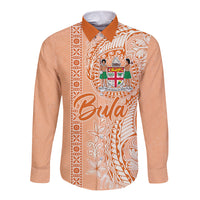 Bula Fiji Long Sleeve Button Shirt Tropical Flower and Tapa Pattern Peach Fuzz Color LT03 Unisex Peach Fuzz - Polynesian Pride