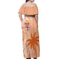 Bula Fiji Off Shoulder Maxi Dress Tropical Flower and Tapa Pattern Peach Fuzz Color LT03 - Polynesian Pride