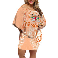 Bula Fiji Off Shoulder Short Dress Tropical Flower and Tapa Pattern Peach Fuzz Color LT03 Women Peach Fuzz - Polynesian Pride